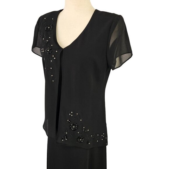 Positive Attitude 40s Style Black Maxi Dress Sz 12 Faux 2 Piece Beaded Short Slv - Picture 5 of 9